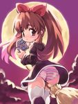  aloe_(quiz_magic_academy) ass blush bow broom broom_riding brown_eyes brown_hair full_moon hair_bow handheld_game_console long_hair looking_back lying moon nintendo_ds panties quiz_magic_academy sky solo striped striped_panties thighhighs twintails underwear upskirt wind wind_lift witch yu_3 
