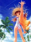  brown_eyes brown_hair dengeki_hime flat_chest goto_p hat highres one-piece_swimsuit palm_tree solo straw_hat swimsuit tree twintails 