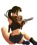  6896952 absurdres beretta_92 black_lagoon denim denim_shorts dual_wielding gun handgun highres holding holster long_hair looking_back midriff pistol revy_(black_lagoon) shorts shoulder_holster solo tattoo trigger_discipline weapon 