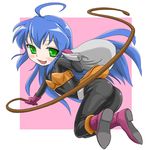  ahoge blue_hair bodysuit boots cosplay dragon_quest dragon_quest_iii green_eyes izumi_konata kurai_(cry) long_hair lucky_star mole mole_under_eye pink_footwear sack solo thief_(dq3) thief_(dq3)_(cosplay) whip 