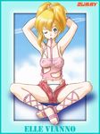  adjusting_hair armpits bad_id bad_pixiv_id blonde_hair blue_eyes breasts camisole elle_vianno gladiator_shoes gundam gundam_zz medium_breasts nipples one_eye_closed open_fly panties ponytail sandals see-through shorts solo underwear unzipped white_panties zummy 