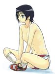  black_hair blue_panties copyright_request green_eyes michael multicolored multicolored_clothes multicolored_shorts nipples panties panties_under_shorts pantyshot pantyshot_(sitting) shoes short_hair shorts sitting sneakers socks solo topless underwear 