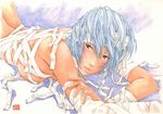  ayanami_rei bandages blue_hair kotatsu-spirit lying naked_ribbon neon_genesis_evangelion on_stomach red_eyes ribbon short_hair signature sketch solo 