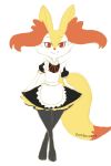  1girl animal_ear_fluff animal_ears apron artist_name black_dress braixen closed_mouth clothed_pokemon creatures_(company) dated dress female fox_ears fox_tail full_body furry game_freak gen_6_pokemon happy highres jpeg_artifacts legs_crossed looking_at_viewer maid maid_apron mezmaroon neck_ribbon nintendo no_humans paws pokemon pokemon_(creature) red_eyes red_neckwear red_ribbon ribbon short_dress short_sleeves signature simple_background smile solo standing tail white_apron white_background 