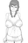  braid breastless_clothes breasts glasses greyscale hair_over_shoulder large_breasts lingerie mama_(mama_hiro) monochrome negligee nipples original panties plump see-through smile solo thong twin_braids underwear 