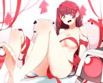  1girl absurdres bangs blush breasts cleavage collarbone dinergate_(girls_frontline) embarrassed eyebrows_visible_through_hair feet girls_frontline hair_ribbon highres ichiki_1 large_breasts long_hair looking_at_viewer naked_ribbon one_side_up open_mouth pillow purple_hair red_eyes red_ribbon ribbon sitting solo toes very_long_hair wa2000_(girls_frontline) 