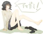  amagami bad_id bad_pixiv_id barefoot black_hair feet full_body legs nishiuri_warito simple_background sitting skirt smile solo sweater tanamachi_kaoru upskirt 