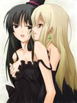  akiyama_mio black_eyes black_hair blonde_hair breast_grab breasts don't_say_&quot;lazy&quot; dress earrings grabbing groping hat jewelry k-on! kotobuki_tsumugi kuku_px long_hair medium_breasts mini_hat mini_top_hat multiple_girls strap_slip top_hat yuri 