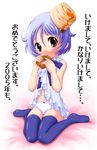  2005 akeome artist_request biscuit bisuke-tan blue_hair blue_legwear bow bow_panties child eating food happy_new_year kfc lingerie negligee new_year object_on_head orange_eyes panties sitting solo syrup thighhighs translation_request underwear white_panties 