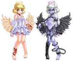  angel angel_(monster_girl_encyclopedia) angel_wings bad_id bad_pixiv_id bare_shoulders barefoot blonde_hair blue_eyes bridal_gauntlets chain dark_angel_(monster_girl_encyclopedia) demon_girl fallen_angel halo kenkou_cross midriff monster_girl_encyclopedia multiple_girls navel official_art petite purple_skin red_eyes silver_hair simple_background tattoo white_background wings 