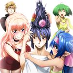  3girls alternate_hairstyle blush highres klan_klein koyama_(gantz0409jp) laughing macross macross_frontier mikhail_buran multiple_boys multiple_girls pointing ranka_lee saotome_alto sheryl_nome shouten_pegasus_mix_mori 