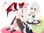  bat_wings blush cake food food_on_face fruit hairband hat izayoi_sakuya licking maid multiple_girls pastry remilia_scarlet ribbon strawberry tea thighhighs tongue touhou wings yumesuke 