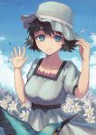  1girl absurdres animal bare_arms bird black_bow black_hair blue_eyes bow breasts cloud cloudy_sky collarbone commentary_request day dress eyebrows_visible_through_hair falling_leaves flower flying hand_on_headwear hat highres large_breasts leaf looking_at_viewer outdoors shiina_mayuri short_hair short_sleeves sky smile solo steins;gate white_dress white_flower yorishiem 