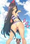  1boy 1girl ass ass_focus back bikini black_hair blue_sky breasts character_request chibi chibi_inset cloud cloudy_sky day destiny_child from_behind from_below genderswap genderswap_(mtf) highres long_hair medium_breasts micro_panties multicolored_hair pain panties purple_eyes red_hair sky solo_focus spanked streaked_hair striped striped_bikini swimsuit tankini tomoyuki_kotani two-tone_hair underwear updo very_long_hair volleyball wince 