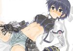  blue_hair blush cameltoe denim denim_shorts fingerless_gloves gauntlets gloves headband lyrical_nanoha mahou_shoujo_lyrical_nanoha_strikers midriff navel revolver_knuckle short_hair shorts solo subaru_nakajima ultimate_asuka 