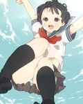 \o/ arms_up black_hair blush child copyright_request fangs happy jumping md5_mismatch mosuko outstretched_arms panties pantyshot purple_eyes school_uniform short_hair skirt socks solo striped striped_panties underwear 