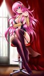  bare_shoulders blue_eyes blush breasts chair cleavage collar cuffs detached_sleeves feet fishnet_legwear fishnets full_body garter_belt highres large_breasts long_hair megurine_luka nail_polish navel obiwan pink_hair pink_nails raised_eyebrow sitting solo stool thighhighs vocaloid 