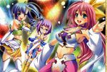  3girls armpits artist_name blue_eyes bow breasts chouhou choukaku chouryou_(renhou) copyright_name detached_sleeves flat_chest glasses green_hair hair_bow hair_ornament hairclip idol january koihime_musou large_breasts long_hair microphone midriff multiple_girls music official_art pink_hair purple_hair shin_koihime_musou shinozuka_atsuto short_hair siblings side_ponytail sideboob singing sisters skirt thighhighs watermark zettai_ryouiki 