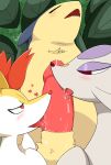  &lt;3 2019 absurd_res anthro blush braixen breasts canid canine collaborative_fellatio fellatio female group group_sex hi_res inner_ear_fluff interspecies licking male male/female mammal mienshao nintendo open_mouth oral penis pok&eacute;mon pok&eacute;mon_(species) precum precum_on_tongue red_eyes renaspyro sex threesome tongue tongue_out typhlosion video_games 