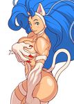  animal_ears aqua_eyes ass big_hair blue_hair blush breasts cat_ears cat_tail claws cleavage covering covering_breasts curvy felicia fur huge_ass large_breasts long_hair looking_back muscle muscular_female paws profile shiny shiny_skin sideboob simple_background smile solo standing tail vampire_(game) very_long_hair yamamiya_hiroshi 