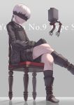  1boy absurdres black_blindfold black_choker black_gloves black_jacket black_legwear black_shorts blindfold boots chair character_name choker commentary foot_out_of_frame gloves hands_on_own_knee hands_together highres jacket long_sleeves nier_(series) nier_automata pod_(nier_automata) short_hair shorts sitting socks solo white_hair yorha_no._9_type_s yorishiem 