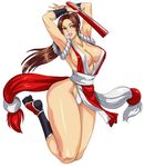  armpits arms_up bare_shoulders breasts brown_eyes brown_hair cleavage closed_fan covered_nipples curvy fan fatal_fury folding_fan iad japanese_clothes jumping large_breasts lips long_hair panties pantyshot pelvic_curtain ponytail revealing_clothes rope shiranui_mai solo the_king_of_fighters thick_thighs thighs underwear white_panties wide_hips 
