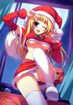  absurdres bandeau bell blonde_hair blue_eyes blush bow bow_panties breasts broken_glass christmas copyright_request covered_nipples detached_sleeves from_below glass hat highres large_breasts long_hair miniskirt moon night one_eye_closed open_mouth panties pantyshot reindeer sack santa_costume santa_hat scan skirt sky solo star strapless thighhighs tomose_shunsaku tubetop underboob underwear v white_legwear white_panties window 