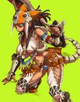  armor blue_eyes bone_(armor) breasts chaps dark_skin helm helmet large_breasts midriff monster_hunter nekoguchi rasta shield solo squatting sword tail tribal underboob weapon 