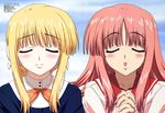 absurdres blonde_hair blush close-up closed_eyes cloud day hands_clasped highres incoming_kiss kouno_harumi long_hair megami milfa multiple_girls non-web_source official_art open_mouth outdoors own_hands_together pink_hair robot_ears school_uniform serafuku silfa sky to_heart_2 to_heart_2_ad yanagisawa_masahide 