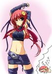  =_= artist_request blue_eyes chouhi cowboy_shot elbow_gloves gloves imagining koihime_musou midriff miniskirt older one_eye_closed red_hair saliva scarf skirt solo stretch thighhighs zettai_ryouiki 