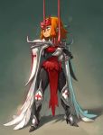  1girl absurdres armor bodysuit cape commentary dress english_commentary forehead_protector full_armor gauntlets green_eyes hair_tubes high_heels highres holding holding_weapon iop knee_pads krosmaga looking_afar medium_hair orange_hair paladin pauldrons pelvic_curtain red_dress solo sword weapon xavier_houssin 