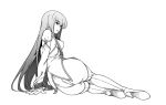  1girl ass boots breasts c.c. code_geass eyebrows_visible_through_hair fukudahda gloves greyscale high_heels leotard long_hair looking_at_viewer monochrome parted_lips simple_background sitting solo thigh_boots thighhighs very_long_hair white_background 