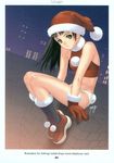  2004 ankle_boots bare_shoulders black_eyes black_hair boots breasts bunny_tail christmas copyright_request covered_nipples gloves half-shirt hat highres legs long_hair long_legs midriff panties red_gloves santa_costume santa_hat scan signature sitting small_breasts socks solo tail tanaka_takayuki underwear white_panties 