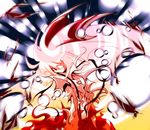  blurry danmaku fire fujiwara_no_mokou ichi_(ichikai) long_hair motion_blur navel one_eye_closed red_eyes silver_hair solo suspenders torn_clothes touhou very_long_hair 