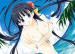  artist_request bikini black_hair blue_eyes breasts cleavage covered_nipples day flower hair_flower hair_ornament hibiscus kusakabe_yuuki_(to_heart_2) large_breasts leaning_forward long_hair side-tie_bikini solo swimsuit to_heart_2 very_long_hair 