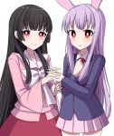  2girls animal_ears arms_up bangs black_hair blue_coat blunt_bangs blush bow bright_pupils bunny_ears commentary_request eyebrows_visible_through_hair hand_holding hand_on_own_chest hime_cut houraisan_kaguya interlocked_fingers lavender_hair long_hair looking_at_viewer multiple_girls necktie parted_lips pink_eyes pink_shirt pink_skirt pleated_skirt red_eyes red_neckwear red_skirt reisen_udongein_inaba shirt simple_background skirt smile standing suit_jacket touhou tsukimirin upper_body very_long_hair white_background white_bow white_pupils 