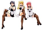  apron bare_shoulders blonde_hair blue_eyes blue_hair breasts choker cleavage crossed_legs elbow_gloves flat_chest garter_belt gloves high_heels kamia_(not_found) kasuga_aya kore_ga_watashi_no_goshujin-sama large_breasts legs long_legs looking_at_viewer maid maid_headdress matsuoka_kiyone multiple_girls original pink_eyes pink_hair shoes simple_background sitting take_your_pick thighhighs yellow_eyes yukino_sayuri 