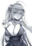  1girl ahoge azur_lane bangs bare_shoulders blush breasts choker cleavage cocktail_dress collarbone dress dress_tug eyebrows_visible_through_hair hair_between_eyes hair_ornament highres huge_breasts large_breasts licking_lips lolicept long_hair looking_at_viewer monochrome one_side_up simple_background skindentation smile solo taihou_(azur_lane) taihou_(forbidden_feast)_(azur_lane) tongue tongue_out upper_body very_long_hair white_background 