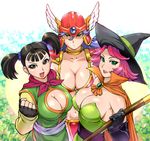  armor bikini_armor black_hair breasts brown_eyes cape cleavage cleavage_cutout dragon_quest dragon_quest_iii elbow_gloves fighter_(dq3) fingerless_gloves gloves green_eyes hat helmet large_breasts mage_(dq3) multiple_girls pink_hair purple_hair smile soldier_(dq3) staff twintails ueyama_michirou witch_hat 