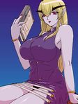  bare_shoulders blonde_hair blue_skin book bracelet breasts capcom eyebrows genderswap huge_breasts jedah_dohma jewelry legs lipstick long_hair makeup midnight_bliss pointy_ears red_eyes seji_(hornet) sitting solo strap upskirt vampire_(game) 