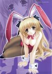  animal_ears blonde_hair breasts brown_eyes bunny_ears bunny_girl bunnysuit cleavage copyright_request hair_ribbon highres kimizuka_aoi large_breasts long_hair pantyhose ribbon sitting solo 