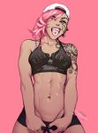  1girl ;p abs asymmetrical_hair backwards_hat baseball_cap blue_eyes breasts collarbone commentary dark_skin ear_piercing english_commentary facial_tattoo facing_viewer groin hair_over_one_eye hat league_of_legends mike_nesbitt navel nose_piercing one_eye_closed piercing pink_background pink_hair pulled_by_self short_hair short_shorts shorts shorts_pull shoulder_tattoo small_breasts solo sports_bra stomach tattoo thick_eyebrows toned tongue tongue_out tongue_piercing vi_(league_of_legends) 