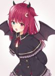  1girl :o absurdres ahoge bangs black_capelet black_dress blue_eyes blush bow brown_wings capelet commentary_request crescent crescent_hair_ornament demon_girl demon_horns demon_wings dress eyebrows_visible_through_hair fang frilled_capelet frilled_dress frills grey_background hair_ornament heterochromia highres horns leaning_forward long_hair long_sleeves looking_at_viewer nijisanji open_mouth racchi. red_bow red_eyes red_hair simple_background solo two_side_up virtual_youtuber wings yuzuki_roa 