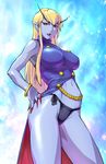  abs blonde_hair blue_skin genderswap genderswap_(mtf) jedah_dohma long_hair midnight_bliss midriff panties pointy_ears red_eyes side-tie_panties solo ueyama_michirou underwear vampire_(game) 