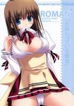  blue_eyes breasts brown_hair copyright_request highres large_breasts miniskirt mouth_hold open_clothes open_shirt panties pantyshot pantyshot_(standing) pleated_skirt ribbon shirt short_hair skirt solo standing underwear white_panties zinno 