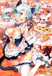  absurdres animal animal_ears apron aqua_hair blue_eyes breasts cat cat_ears cleavage elbow_gloves food frills girl's_avenue gloves headset high_heels highres large_breasts long_hair mary_janes megami navel nishieda official_art original panties pantyshot pie restaurant ribbon shoes smile solo table tail thighhighs too_many too_many_cats twintails underwear waitress white_legwear 