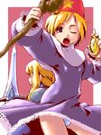  1girl agrias_oaks ahoge blonde_hair bulge crossdressing fang final_fantasy final_fantasy_tactics hat lace lipstick lowres makeup mikuni_aoi oekaki one_eye_closed otoko_no_ko panties pantyshot pocket_watch ramza_beoulve robe staff star sword time_mage time_mage_(fft) underwear upskirt watch weapon white_panties 