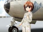  ahoge aircraft airplane b-29_superfortress bomber dirty gloves jumpsuit military military_vehicle natsumi_chise rocket_no_natsu shiukichi short_hair sleeves_rolled_up solo wrench 