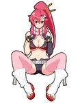  belt bikini_top boots breasts cleavage fingerless_gloves gloves hair_ornament kazunari large_breasts long_hair midriff oekaki pink_legwear ponytail red_hair scarf shorts solo spread_legs tengen_toppa_gurren_lagann thighhighs yellow_eyes yoko_littner 