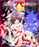 animal_ears blush brown_hair cat_ears cat_tail catgirl christmas gift_wrapped hand_over_chest long_hair navel purple_hair ribbon tail tail_ribbon 